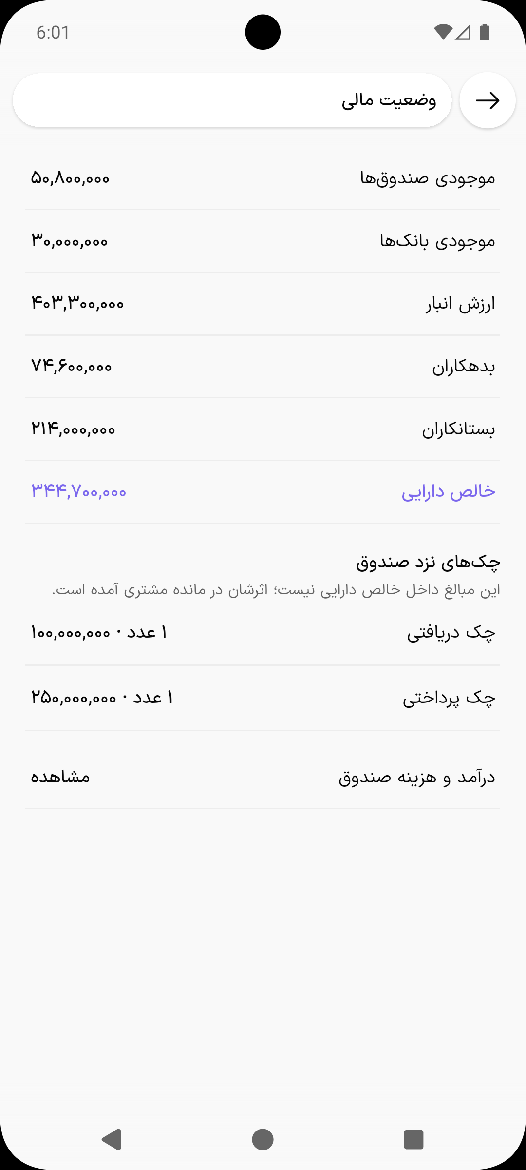 گزارش وضعیت مالی با موجودی صندوق‌ها، ارزش انبار، بدهکاران، بستانکاران و خالص دارایی